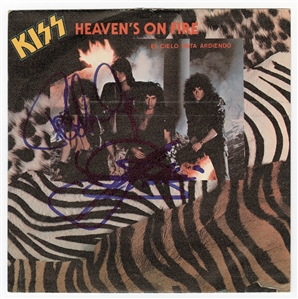 KISS Paul Stanley & Gene Simmons Signed “Heaven’s On Fire” 7 Inch Sleeve