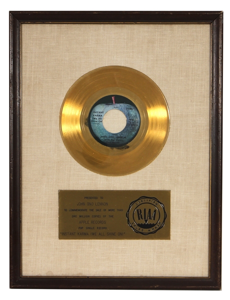 John Lennon “Instant Karma (We All Shine On)" RIAA White Matte Gold 45 Record Award Presented to John Ono Lennon