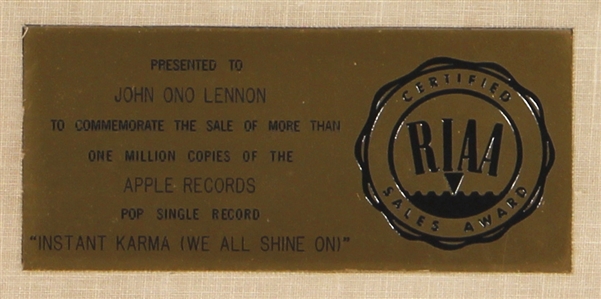 John Lennon “Instant Karma (We All Shine On) RIAA White Matte Gold 45 Record Award Presented to John Ono Lennon