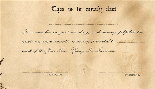 Bruce Lee Signed Document Promoting Mike Stone to First Rank of the Jun Fan Gung Fu Institute