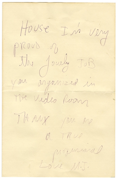Michael Jackson Signed Note Regarding Cataloging Video Library (JSA & REAL)