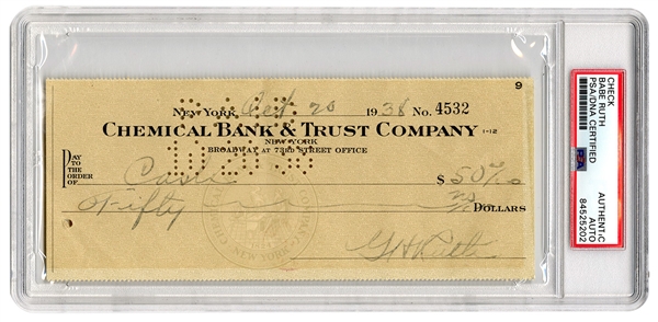 Babe Ruth Signed 1938 Check (PSA/DNA Encapsulated)