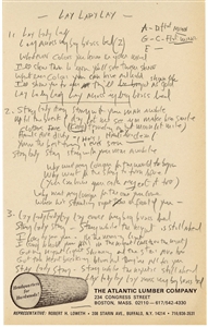 Bob Dylan Original Working Handwritten Lyrics and Chord Annotations for “Lay Lady Lay" From The Collection of Bob Dylan (Jeff Rosen & JSA)