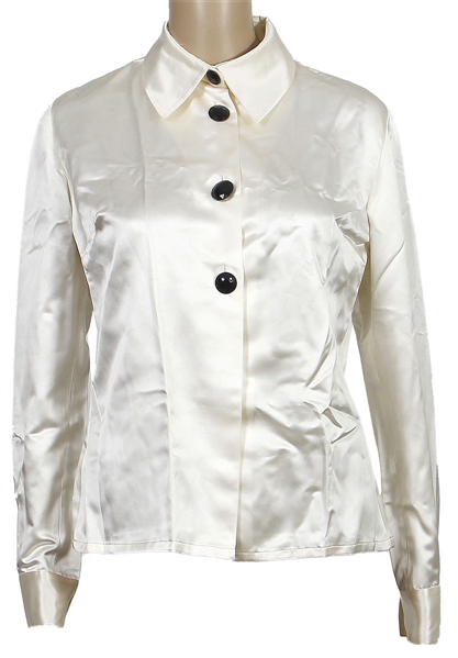 Lady Gaga 2021 “House of Gucci" Screen Worn White Long Sleeved Button Down Shirt, Necklace & Pocket Handkerchief