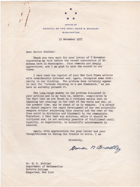 Significant General Omar Bradley Signed Letter (CONTENT!) 1957