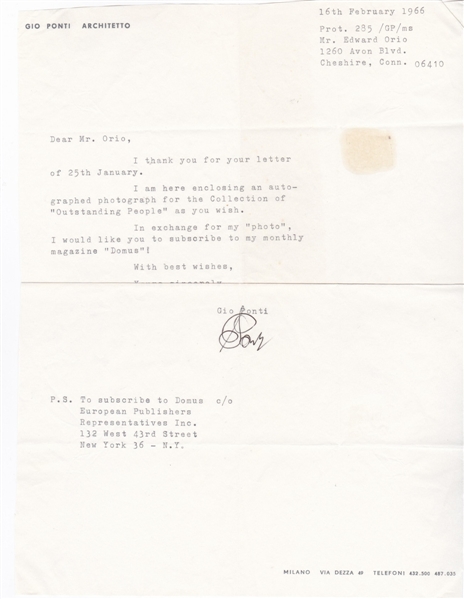 Gio Ponti Signed Letter Influential Architect (1966)