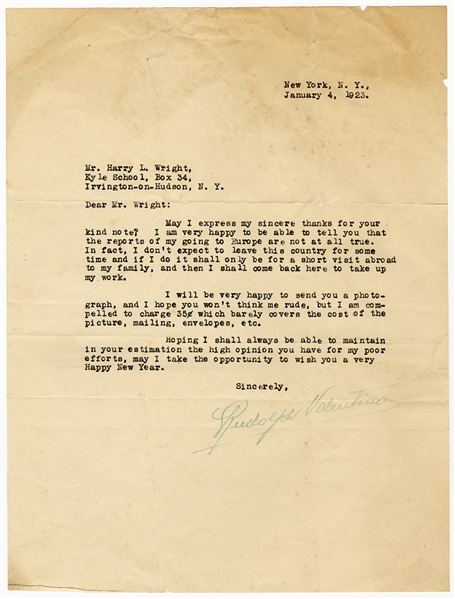 Rudolph Valentino Signed Letter