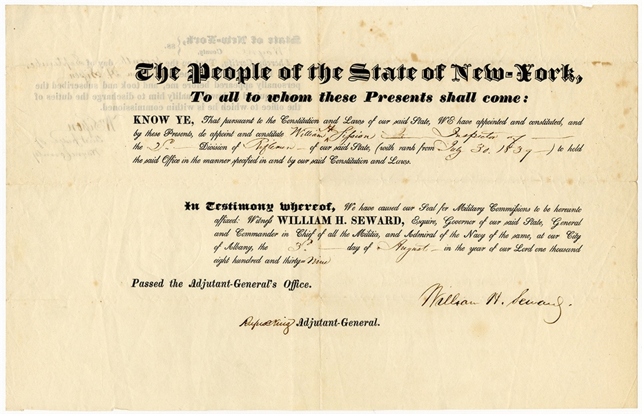 Governor William H. Seward Signed NY Militia Appointment (1939)