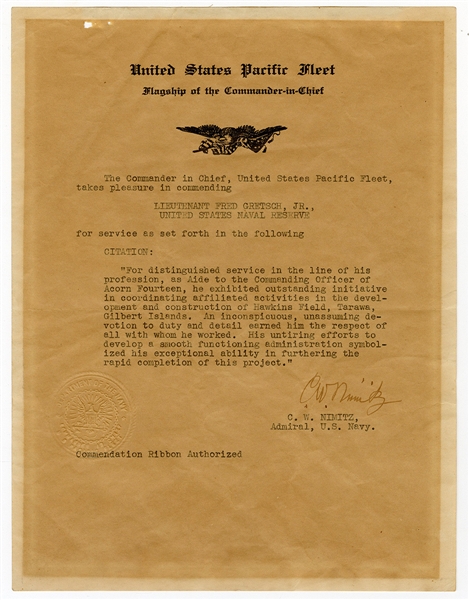 Chester W. Nimitz Signed Distinguished Service Citation