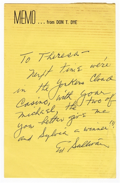 Ed Sullivan Handwritten & Signed Note