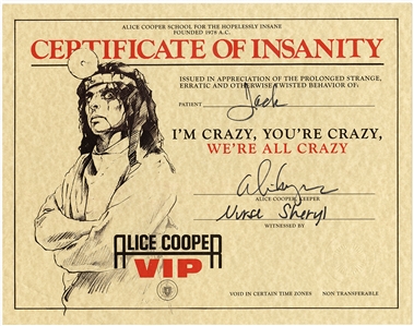 Alice Cooper Signed Certificate of Insanity