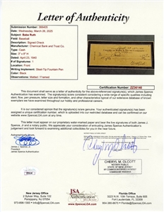 1940 Babe Ruth Signed Check (JSA)