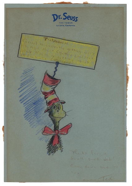 Incredible Theodor Geisel (Dr. Seuss) Signed Hand-Drawn “Cat In The Hat" On Vintage Dr. Seuss Stationery (PSA/DNA)