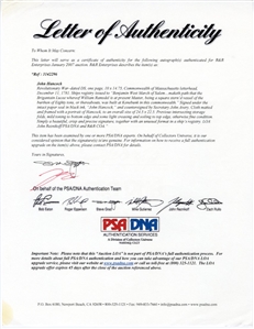 John Hancock Signed Ship's Registry Issued Two Months After Yorktown (PSA & JSA)