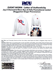 Jay-Z Owned, Worn and Signed Roc-A-Fella Promotional Jacket with Incredible Inscription (JSA)