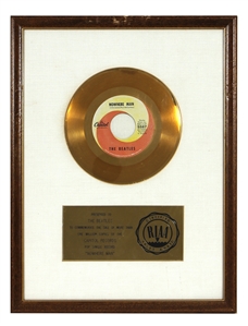The Beatles “Nowhere Man" RIAA White Matte Gold 45 Record Award Presented to The Beatles