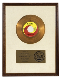 The Beatles “Yesterday" RIAA White Matte Gold 45 Record Award Presented to Capitol Records