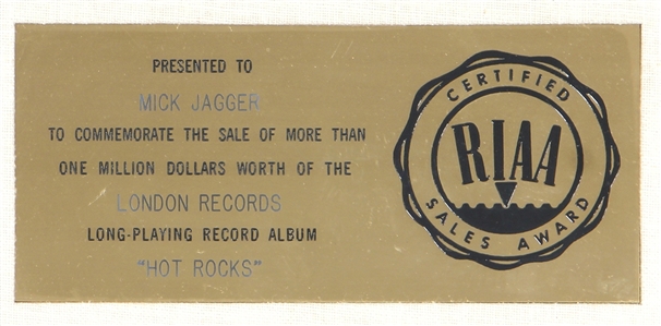 The Rolling Stones “Hot Rocks RIAA White Matte Gold Album Award Presented to Mick Jagger
