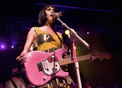 Katy Perry Owned, Stage Played, Smashed & Signed Circa 2009 Iconic “Hello Kitty Guitar with Signed Setlist