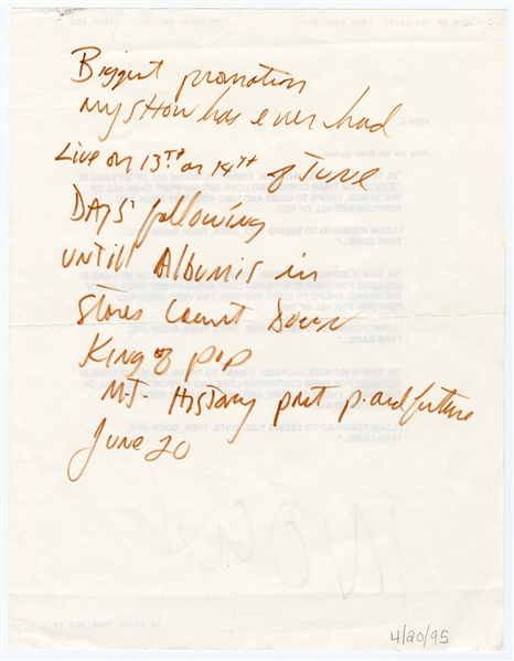 Michael Jackson Incredible Handwritten Note From 4/20/1995 Regarding the Promotion of the “HIStory" Album - References Himself As “King of Pop" (REAL)