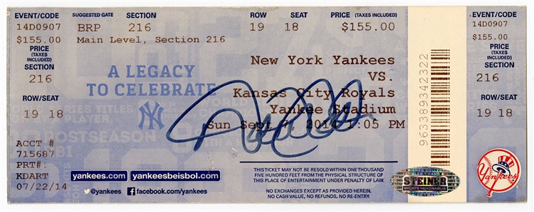 Derek Jeter Signed "Derek Jeter Day" 9/7/2014 Full Ticket - Farewell Ceremony Game For His Last Season (Steiner)