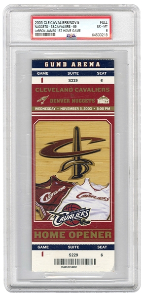 Lebron James First Home Game Full Ticket From 2003 Cleveland Cavaliers/Denver Nuggets Game On 11/5/2003 (PSA EX-MT 6)
