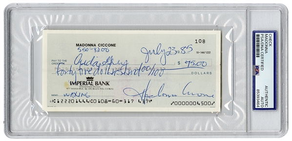 Madonna 1985 Handwritten & Signed Check (PSA/DNA Encapsulated)