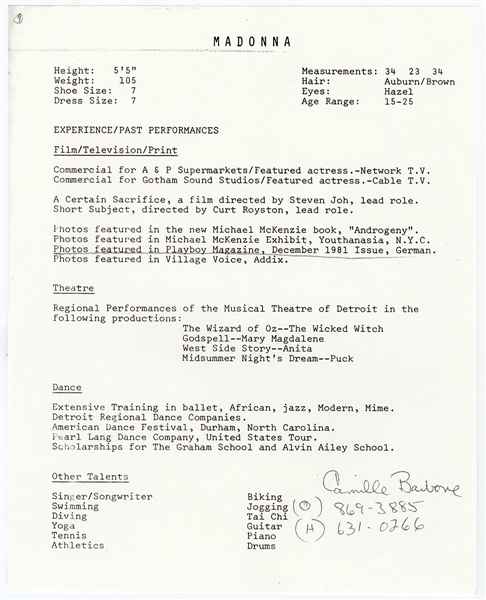 Madonna Circa 1981 Resume with Original Photograph