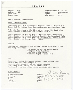 Madonna Circa 1981 Resume with Original Photograph