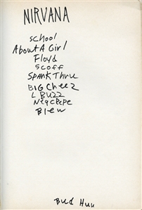 Nirvana Hungary, Budapest 11/21/1989 Archive - Including 12 Original Flyers For The Concert, A Handwritten Setlist Attributed to Kurt Cobain with a Signed Book