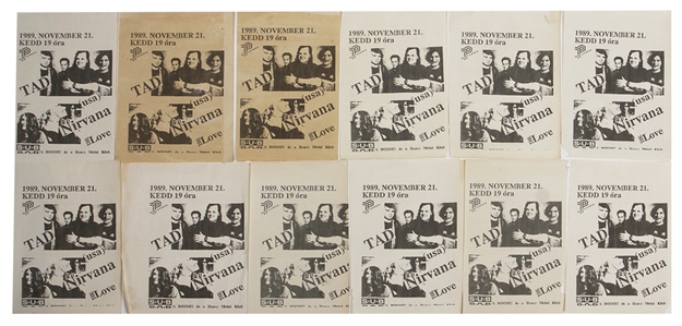 Nirvana Hungary, Budapest 11/21/1989 Archive - Including 12 Original Flyers For The Concert, A Handwritten Setlist Attributed to Kurt Cobain with a Signed Book