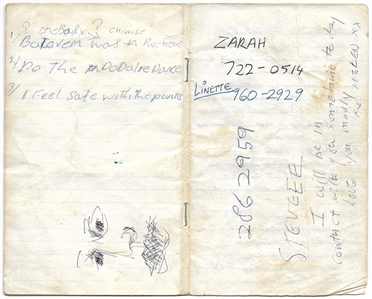 Sex Pistols Steve Jones Circa 1977-1978 Handwritten Notebook With Handwritten Lyrics (Song About Sid Vicious) & Notes