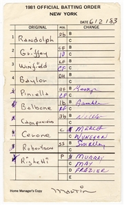 6/2/1983 New York Yankees Handwritten Batting Order Signed by Billy Martin (JSA)