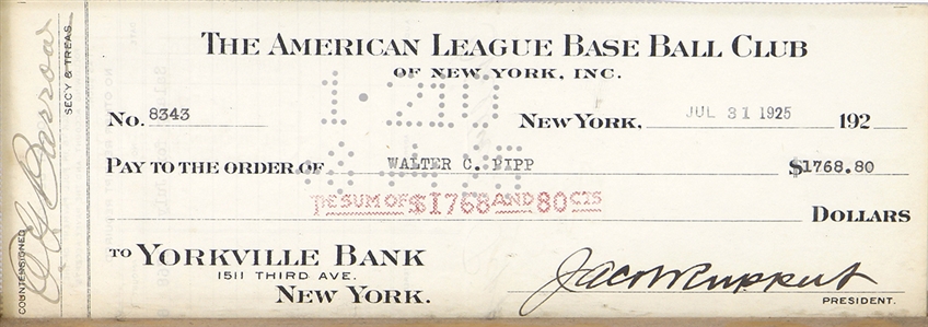 1925 Wally Pipp Signed New York Yankees Payroll Check (JSA)