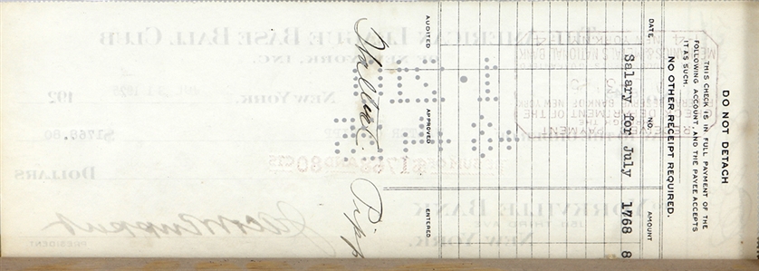 1925 Wally Pipp Signed New York Yankees Payroll Check (JSA)