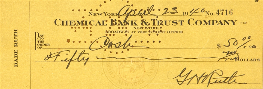 1940 Babe Ruth Signed Check (JSA)