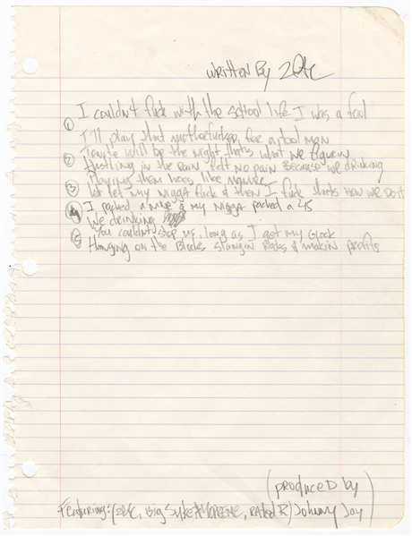 Tupac Shakur Twice Signed & Original Handwritten Lyrics of “Pour Out a Little Liquor" (Big Syke Collection)