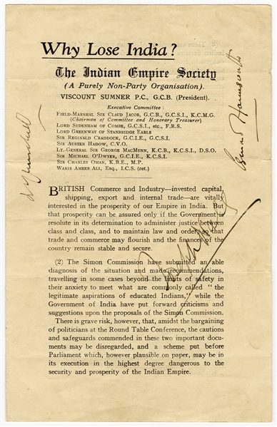 Winston Churchill Signed “Why Lose India?" 1930s Pamphlet