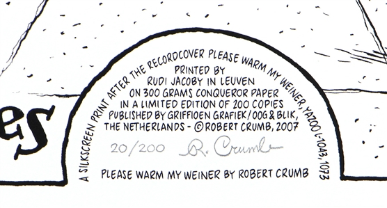 Robert Crumb Signed Record Cover Limited Edition Silkscreen “Please Warm My Weiner “20/200