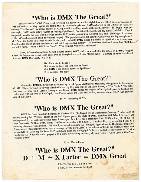 DMX “Who is DMX The Great" Original Circa 1992 Bio/Resume