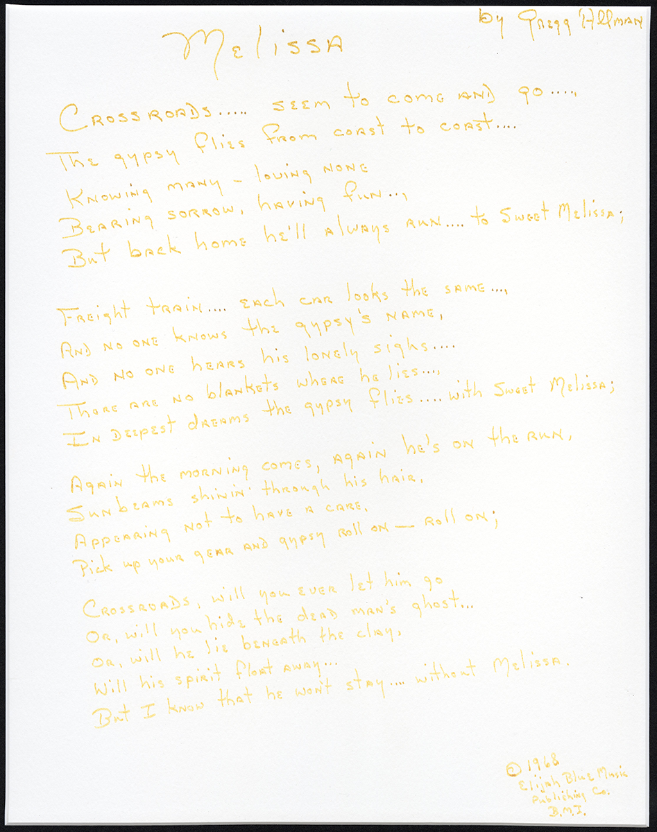 The Allman Brothers Gregg Allman Handwritten & Signed Melissa Lyrics (REAL)